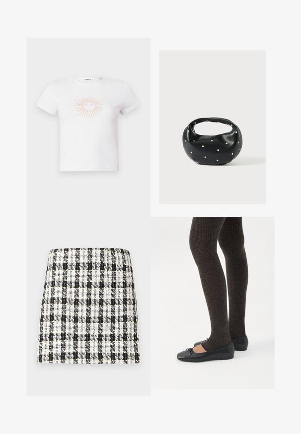 Witte katoenen t-shirt met korte mouwen, voorzien van een roze zonafbeelding met stralen en een gezicht ontwerp in het midden. Soepele textuur, casual pasvorm.; Zwarte en witte geruite rok van textuurstof, met een gestructureerd ontwerp, rechte snit en minimale details.; Benen met donkere geribbelde leggings gecombineerd met zwarte ballerina's met kleine strikdetails op een witte achtergrond.; Zwarte leren handtas met een afgeronde vorm, versierd met zilveren studs, en een korte handgreep. Gladde textuur en ritsluiting.