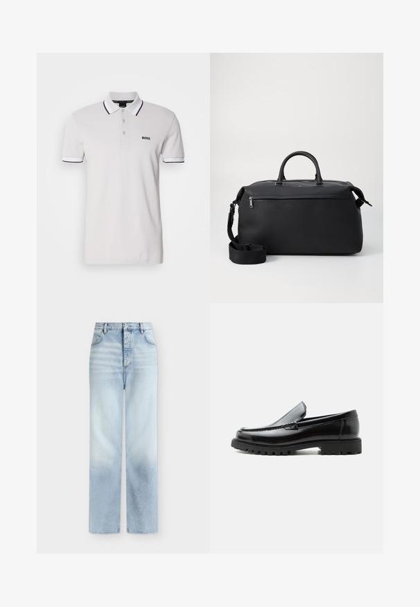Polo shirt blanc en coton, avec un col et des manches à bordure noire. Le logo de la marque "BOSS" est brodé sur la poitrine gauche.; Jeans bleu clair taille haute à jambes droites, avec poches avant, passants de ceinture et fermeture par bouton.; Mocassin en cuir noir avec semelle en caoutchouc épaisse, dessus cousu et nom de marque embossé sur le talon, présenté de profil sur fond blanc.; Sac de voyage en cuir noir avec deux poignées supérieures, une bandoulière amovible et une poche avant zippée pour un espace de rangement supplémentaire.