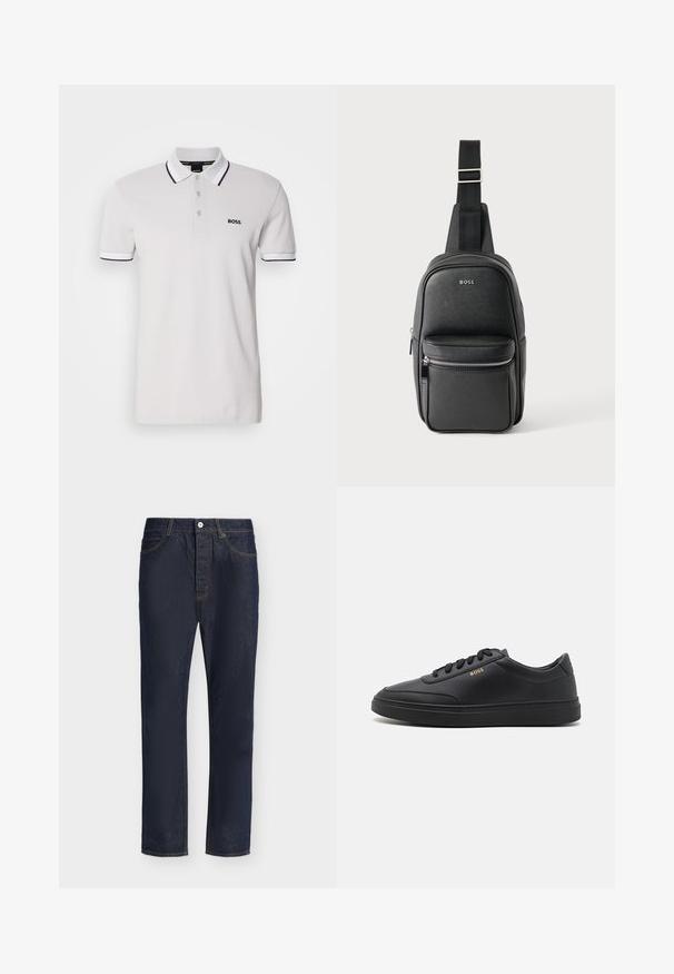 Weißes Poloshirt aus Baumwolle, mit einem schwarz abgesetzten Kragen und Ärmeln. Das Markenlogo "BOSS" ist auf der linken Brust gestickt.; Dunkelblaue Jeans mit geradem Bein, vorne mit Knopf- und Reißverschluss, Gürtelschlaufen sowie Vorder- und Gesäßtaschen.; Schwarze Leder-Sneaker mit glatter Textur, runder Zehenpartie, flacher Gummisohle und einfarbigen Schnürsenkeln. Mit goldfarbenem "BOSS" Logo an der Seite.; Schwarze Leder-Umhängetasche mit verstellbarem Riemen, vorderer Reißverschlusstasche und „BOSS“-Logo auf glatter strukturierter Oberfläche.