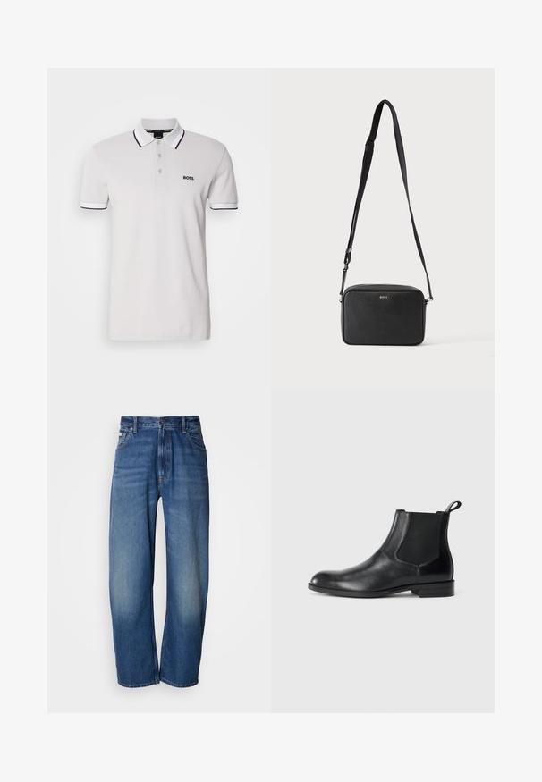Polo shirt blanc en coton, avec un col et des manches à bordure noire. Le logo de la marque "BOSS" est brodé sur la poitrine gauche.; Jean en denim à jambes larges de couleur bleu moyen. Comprend une fermeture éclair, cinq poches et un léger délavage pour un effet usé. Détails de couture classiques.; Bottine en cuir noir avec des panneaux latéraux élastiques, bout rond et tirette. Texture lisse, semelle plate, design minimaliste.; Sac bandoulière rectangulaire noir avec sangle réglable et logo BOSS sur le devant, sur un fond clair uni.