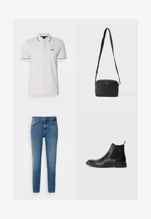 Weißes Poloshirt aus Baumwolle, mit einem schwarz abgesetzten Kragen und Ärmeln. Das Markenlogo "BOSS" ist auf der linken Brust gestickt.; Helle blaue Denim-Jeans mit geradem Schnitt, traditionellem Fünf-Taschen-Design, Metallknopfverschluss und dezentem Verblassen an der Vorderseite.; Schwarze Leder Chelsea-Boots mit elastischen seitlichen Einsätzen, einer Zugschlaufe und einer flachen Gummisohle. Glatte Textur mit minimaler Ausgestaltung.; Schwarze rechteckige Umhängetasche mit verstellbarem Riemen und BOSS-Logo auf der Vorderseite, vor einem einfarbigen hellen Hintergrund.