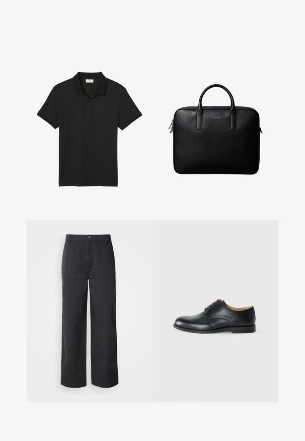 Schwarzes Polohemd mit kurzen Ärmeln, zwei Knöpfen und kleinem gesticktem Calvin Klein Logo auf der linken Brust.; Weite Hosen aus dunkelblauem Baumwollstoff mit aufgesetzten Fronttaschen und Knopfverschluss. Glatte Textur mit minimalistischem Design.; Calvin Klein ESS DERBY - Schnürer - triple black; Schwarze strukturierte Lederaktentasche mit zwei Griffen und silbernen Reißverschlussanhängern, zentriert auf weißem Hintergrund.