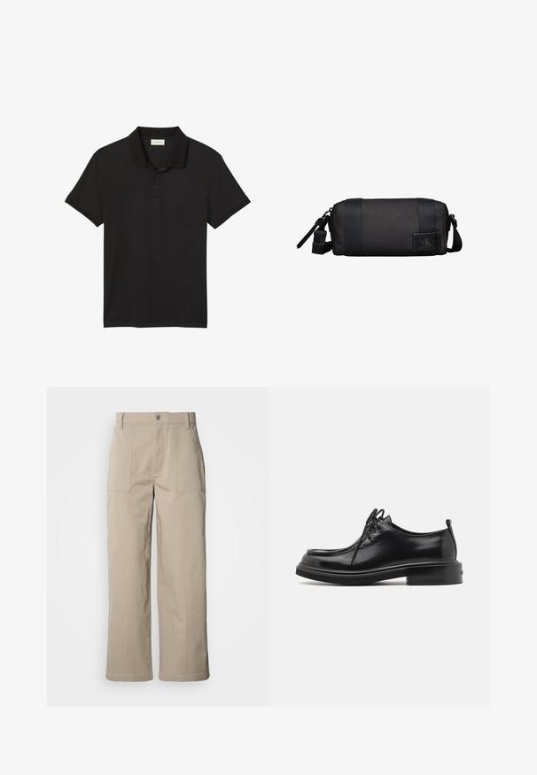 Sort polo t-shirt med korte ærmer, to knapper og lille broderet Calvin Klein-logo på venstre bryst.; Beige bukser med vide ben lavet af bomuld; har forlommer, knaplukning og synlig syning langs kanterne.; Calvin Klein LACE UP APRON BRUSH OFF - Snøresko - black; Kompakt sort cylindrisk toilettaske med justerbar rem og Calvin Klein-logo på forreste mærke.