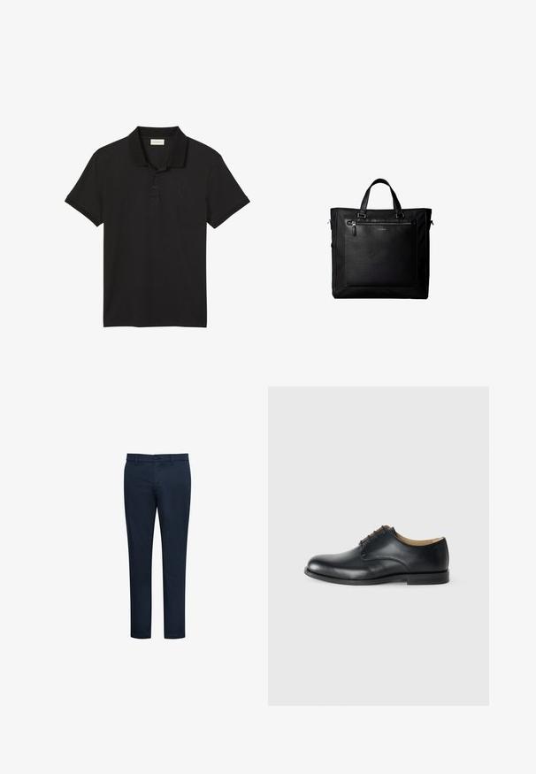 Polo noir à manches courtes avec deux boutons et petit logo Calvin Klein brodé sur le côté gauche de la poitrine.; Chinos bleu marine avec une texture lisse, coupe slim, passants pour ceinture, poches avant et fermeture par bouton. Design épuré et détails minimaux.; Calvin Klein ESS DERBY - Derbies - triple black; Sac cabas noir avec doubles poignées, grande poche avant en cuir avec fermeture éclair et logo discret Calvin Klein au centre de la poche.