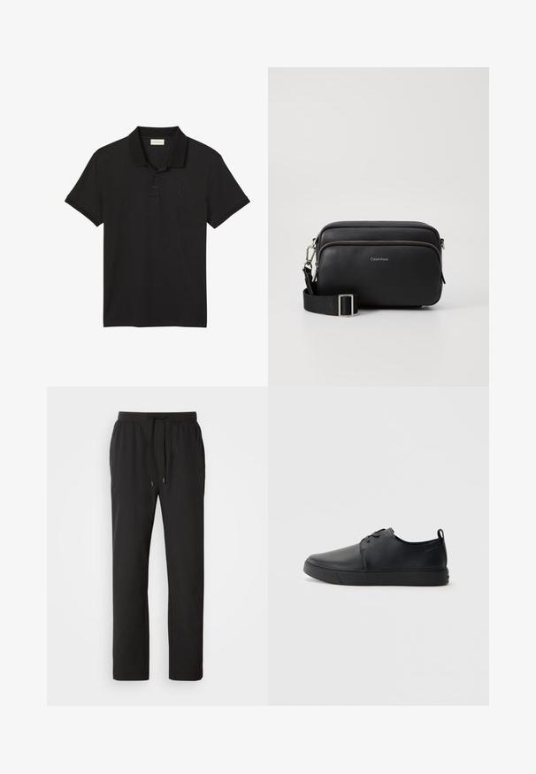 Polo noir à manches courtes avec deux boutons et petit logo Calvin Klein brodé sur le côté gauche de la poitrine.; Pantalons de jogging noirs en tissu léger, dotés d'une taille élastique avec cordons de serrage réglables et poches latérales. Texture lisse.; Baskets en cuir noir avec une finition lisse, bout arrondi, coutures ton sur ton, devant à lacets et semelle plate en caoutchouc. Anse au talon.; Sac en cuir noir à bandoulière avec deux compartiments zippés, finition texturée, sangle ajustable et accents en métal argenté. Logo Calvin Klein affiché.
