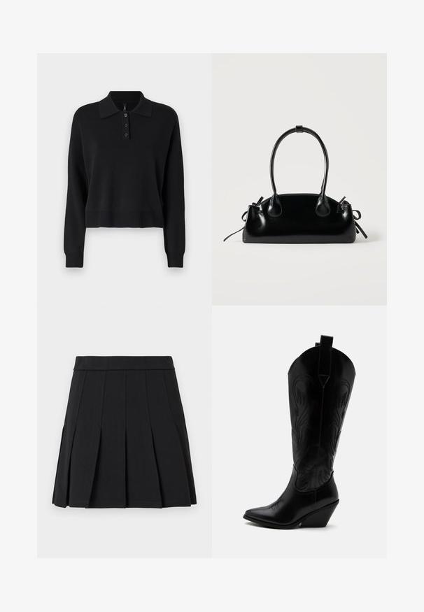 Pull en coton noir tricoté à manches longues, avec un col plat et une patte de boutonnage à trois boutons. Présente des poignets et un ourlet côtelés.; Jupe plissée noire en tissu lisse. Elle présente une large ceinture et plusieurs plis aiguille verticaux.; Botte de cowboy en cuir noir avec bout pointu, talon bloc incliné, couture décorative et languettes en haut sur fond blanc.; Petit sac à main noir brillant avec deux longues anses et des détails à cordon sur les côtés sur un fond clair uni.