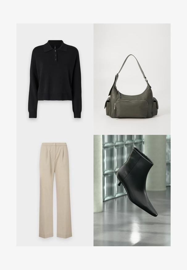 Pull en coton noir tricoté à manches longues, avec un col plat et une patte de boutonnage à trois boutons. Présente des poignets et un ourlet côtelés.; Pantalons beige clair avec une jambe droite, taille élastique et un bouton à l'avant. Fabriqués à partir d'un tissu texturé.; Bottine en cuir noir à bout pointu et petit talon kitten, présentée en angle devant un sol poli et un mur en blocs de verre.; Sac à épaule en cuir vert avec un design arrondi, poche zippée à l'avant et poches supplémentaires sur les côtés. Texture lisse et matériel minimal.