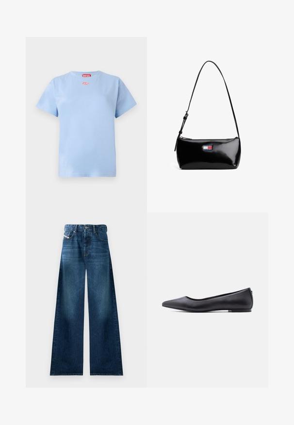 T-shirt en coton bleu clair à manches courtes avec l'étiquette rouge de la marque Diesel au niveau du cou et un petit logo ovale rouge en dessous du col.; Jean en denim large à la coupe décontractée, dans un lavage foncé. Doté d'un design classique à cinq poches, avec fermeture à bouton et légère décoloration sur les cuisses.; Chaussure plate en cuir noire à bout pointu avec petit talon, vue de profil sur fond blanc.; Sac à épaule en cuir verni noir avec une bandoulière incurvée, fermeture éclair et un patch rectangulaire avec un logo en rouge, blanc et bleu.