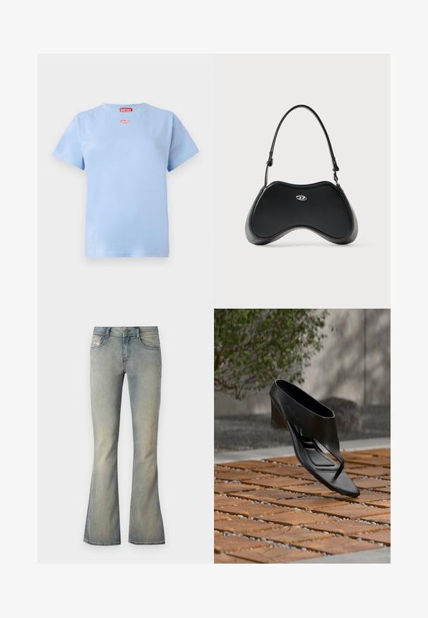 T-shirt en coton bleu clair à manches courtes avec l'étiquette rouge de la marque Diesel au niveau du cou et un petit logo ovale rouge en dessous du col.; Jean flare en denim bleu clair avec taille mi-haute, décoloration subtile et design classique à cinq poches. Comprend une fermeture à bouton à l'avant.; Sandale noire à talon haut avec une lanière entre les orteils, flottant au-dessus d'une surface extérieure en bois et gravier à motifs, avec un arrière-plan flou de verdure et un mur.; Sac à main en similicuir noir avec une forme incurvée unique, une poignée courte et un détail de logo argenté sur le devant. Texture lisse, design minimaliste.