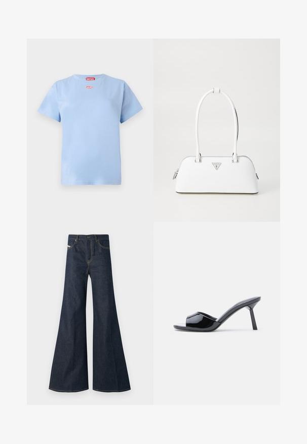 T-shirt en coton bleu clair à manches courtes avec l'étiquette rouge de la marque Diesel au niveau du cou et un petit logo ovale rouge en dessous du col.; Jean flare bleu foncé en denim, avec taille haute, accents de surpiqûre dorée, et deux poches avant avec fermeture à bouton.; Sandales à talons ouverts en cuir verni noir, avec un design supérieur incurvé et un talon aiguille effilé. Finition lisse et brillante.; Sac à main en cuir blanc avec une forme courbée, présentant un logo triangulaire argenté et une fermeture à glissière. Texture lisse et doubles poignées.