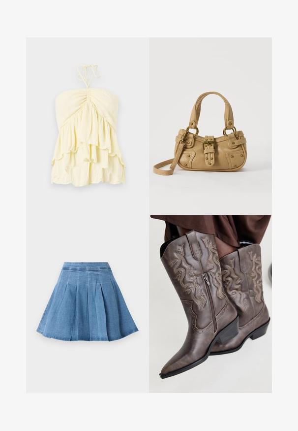Haut jaune sans bretelles avec un corsage froncé, présentant des volants superposés. Fabriqué en tissu léger avec une texture douce. Se noue à l'arrière du cou.; Jupe plissée en denim bleu clair avec une taille ajustée, évasée au niveau de l'ourlet, présentant de subtils détails de couture et une texture douce.; Bottes de cowboy en cuir marron avec un bout pointu, fermeture éclair sur le côté et design serpent texturé en beige, ornées de clous décoratifs le long des bords.; Sac à main en cuir beige avec double poignées, boucle en laiton et détails rivetés, ainsi qu'une bandoulière réglable sur fond blanc.