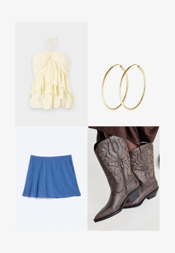 Top amarillo sin tirantes con cuerpo fruncido, que presenta volantes en capas. Fabricado con una tela ligera y de textura suave. Se ata al cuello.; Minifalda de punto azul con textura suave y ligera abertura, colocada plana sobre un fondo claro.; Botas vaqueras de cuero marrón con punta afilada, cremallera lateral y diseño de serpiente texturizado en beige, con tachuelas decorativas a lo largo de los bordes.; Pendientes de aro de oro con un diseño suave y redondeado y un acabado brillante. Construcción ligera con un cierre de broche seguro.