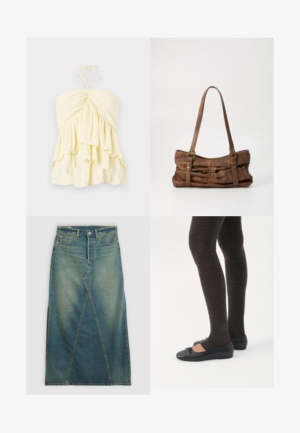 Haut jaune sans bretelles avec un corsage froncé, présentant des volants superposés. Fabriqué en tissu léger avec une texture douce. Se noue à l'arrière du cou.; Jupe en denim à taille haute, de couleur bleu moyen. Caractéristiques : couture frontale distincte, fentes sur les côtés et conception standard à cinq poches.; Jambes portant des leggings côtelés foncés associés à des ballerines noires avec de petits détails en nœud sur fond blanc.; Even&Odd Sac à main - brown