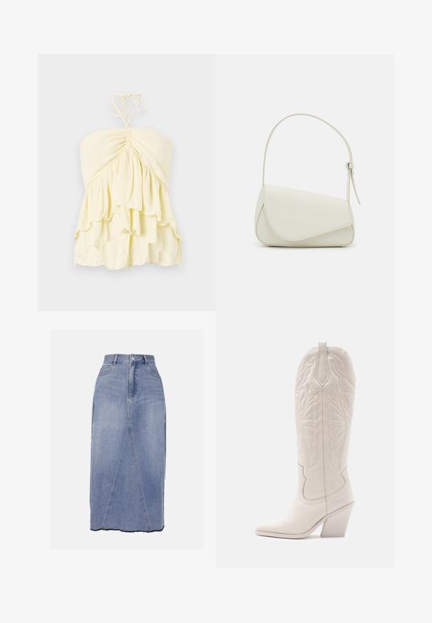 Top amarillo sin tirantes con cuerpo fruncido, que presenta volantes en capas. Fabricado con una tela ligera y de textura suave. Se ata al cuello.; Falda midi de mezclilla en azul claro, con una cintura alta, costuras frontales y un dobladillo unevenido con bordes sin terminar para un acabado texturizado.; Bota vaquera de cuero blanco con punta afilada y tacón bloqueado. Presenta patrones de costura intrincados en el caña y una textura suave.; Bolso de mano de imitación cuero blanco con una forma triangular estructurada, correa ajustable única y cierre con solapa acentuada en curva.
