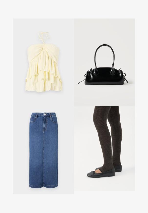 Geel strapless top met gerimpeld lijfje, voorzien van gelaagde ruches. Gemaakt van lichte stof met een zachte textuur. Te strikken in de nek.; Denim maxi rok in donkerblauw, met een rechte snit, een tailleband met knoopsluiting en minimale stikdetails.; Benen met donkere geribbelde leggings gecombineerd met zwarte ballerina's met kleine strikdetails op een witte achtergrond.; Kleine zwarte glanzende handtas met twee lange hengsels en zijkant trekkoord details op een effen lichte achtergrond.