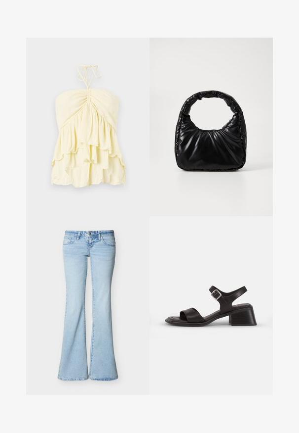 Gelbes, trägerloses Top mit gerafftem Mieder und geschichteten Volants. Hergestellt aus leichtem Stoff mit weicher Textur. Mit Knoten am Hals.; Hellblaue Jeans aus Denim mit hoher Taille, Knopf- und Reißverschluss, vorderen und hinteren Taschen sowie ausgestellten, weiten Hosenbeinen.; Schwarze Leder-Sandale mit offenem Zehenbereich, einem breiten Riemen über dem Fuß und einem Knöchelriemen mit einer silbernen Schnalle. Blockabsatz-Design.; Schwarze gepolsterte Handtasche mit einem runden Griff, die eine glatte, glänzende Oberfläche und eine weiche, gestepfte Textur aufweist. Keine sichtbare Hardware oder Akzente.