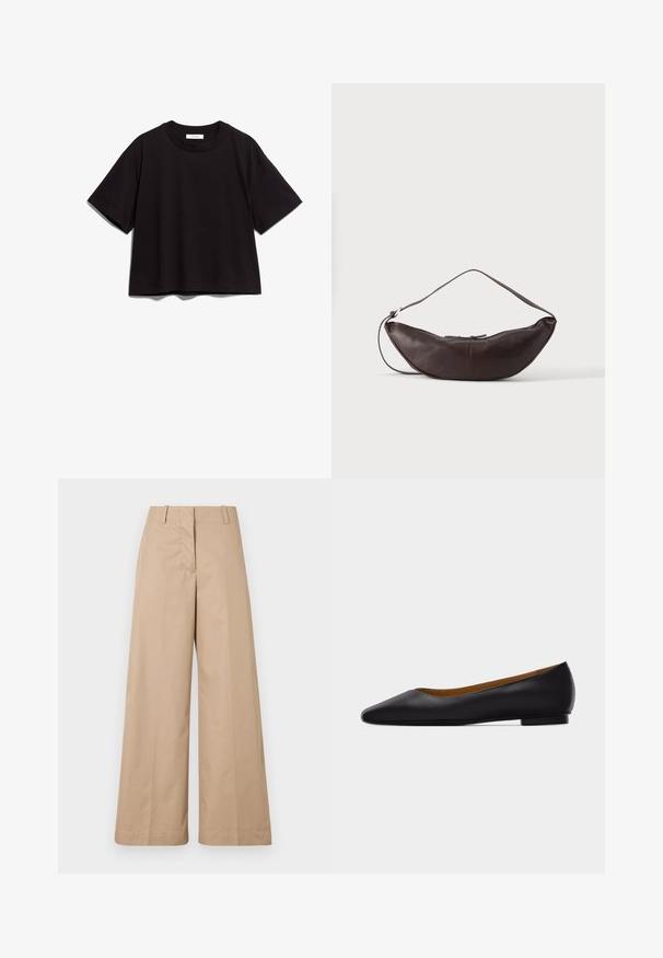Camiseta de algodón negra de manga corta y cuello redondo. Tiene un corte holgado y un diseño sencillo y sin adornos.; Pantalones de pierna ancha en color beige, confeccionados con una suave tela de algodón, que cuentan con una cintura entallada y un frente liso, diseñados para un ajuste relajado y líneas limpias.; Zapato plano de punta puntiaguda de cuero negro con tacón bajo y acabado liso, mostrado de perfil sobre un fondo gris claro.; Bolso de hombro de cuero marrón oscuro en forma de media luna con una correa curva y costuras visibles sobre un fondo liso.
