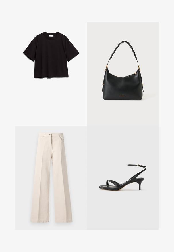 Camiseta de algodón negra de manga corta y cuello redondo. Tiene un corte holgado y un diseño sencillo y sin adornos.; Pantalones de tiro alto beige de pierna ancha con botonera frontal, cremallera, trabillas y bolsillos laterales sobre un fondo claro.; Sandalia negra de cuero para mujer con tiras finas, un lazo para el dedo del pie, hebilla en el tobillo y tacón de aguja de altura media sobre un fondo neutro.; Bolso de mano de cuero negro con asa trenzada, herrajes dorados y el nombre de la marca "Vanessa Bruno" en dorado cerca de la base, mostrado sobre fondo blanco.
