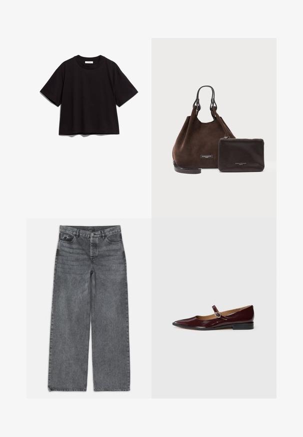 Zwart katoenen crop t-shirt met een ronde hals en korte mouwen. Heeft een relaxte pasvorm en een eenvoudig, onopgesmukt ontwerp.; Wijdere jeans in donkergrijs denim. Kenmerken zijn een hoge taille, vijf zakken en een sluiting met een knoop aan de voorkant. Glad textuur met subtiele vervaging.; Bordeaux patentleren Mary Jane ballerina's met een spitse neus, platte hak en een decoratieve band met een ronde gespaccent.; Bruine suède handtas met donkere leren handvatten en bijpassend klein donker leren ritssluiting tasje, beide met label Gianni Chiarini Firenze.