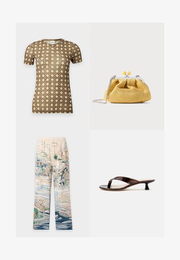 T-shirt beige à manches courtes avec un motif en treillis géométrique marron et un col rond.; Pantalon à larges jambes avec taille élastique présentant un imprimé style aquarelle d'un village au bord de la rivière, des arbres, des montagnes et un bateau sur l'eau.; Sandale à talon kitten écaille de tortue marron avec bride entre les orteils et bout carré sur un fond clair uni.; Petit sac à main tissé jaune avec cadre argenté, deux fermoirs boules jaunes et une bandoulière chaîne argentée sur fond blanc.