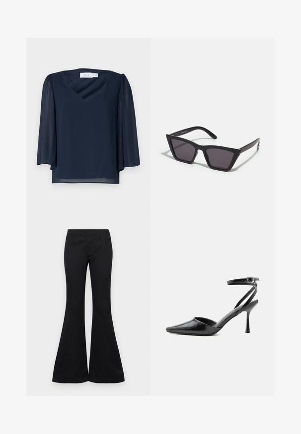 Blouse bleu marine avec un décolleté en V, des manches courtes bouffantes et un tissu léger. Présente une texture lisse et une coupe décontractée.; Pantalons évasés noirs en tissu lisse, dotés d'un haut ajusté et de jambes larges, sans ornements visibles ni poches.; Escarpin noir à bout pointu avec fines brides de cheville et fermeture à boucle argentée sur fond clair uni.; Lunettes noires angulaires avec des verres gris ; fabriquées en plastique, avec des branches épaisses à la surface lisse et sans matériel visible.