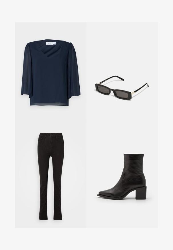 Blouse bleu marine avec un décolleté en V, des manches courtes bouffantes et un tissu léger. Présente une texture lisse et une coupe décontractée.; Jean en denim noir avec une coupe slim, taille haute, design à cinq poches et bas évasé. Texture lisse sans logos ni embellissements visibles.; Bottine noire en cuir avec un bout carré et un talon carré. Le design présente une texture lisse et des détails de couture minimaux.; Lunettes de soleil noires rectangulaires avec des verres sombres, monture en plastique brillant et accents dorés sur les branches. Design minimaliste et forme épurée.