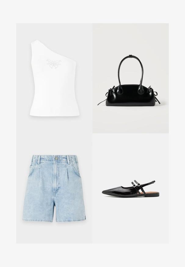 Eén-schouder witte top van gladde stof, met een vlinderontwerp dat aan de voorkant is versierd met kleine strass-steentjes.; Lichtblauwe denim shorts met een hoge taille, voorzien van plooien aan de voorkant, twee zijzakken en een knoopsluiting. Zachte, gestructureerde stof.; Zwarte gepatineerde leren slingback schoenen hebben een spitse neus, twee banden met gespsieraden en een platte zool.; Kleine zwarte glanzende handtas met twee lange hengsels en zijkant trekkoord details op een effen lichte achtergrond.