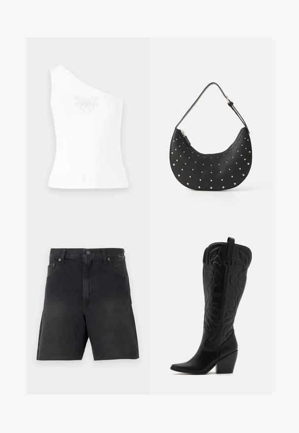 Eén-schouder witte top van gladde stof, met een vlinderontwerp dat aan de voorkant is versierd met kleine strass-steentjes.; Zwarte denim shorts met een rechte snit, voorzien van een knoopsluiting, zijzakken en een gestructureerde stof. Minimalistisch ontwerp, zonder zichtbare patronen.; Zwarte leren kniehoge laarzen met puntige neus en gestapelde hak. Voorzien van decoratief stiksel en gebogen designelementen.; Zwarte leren handtas met een gebogen vorm, versierd met zilveren studs, voorzien van een ritssluiting en een enkele verstelbare schouderband.