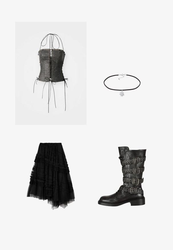 Jaded London LONGLINE LACE UP HALTER CORSET - Top - black; Sort asymmetrisk lagdelt nederdel med blonde- og flæsedetaljer, lavet af gennemsigtige og dækkende stofpaneler.; Sorte læder knæhøje støvler med flere sølv spænder og hægter, med en afrundet tå og en lav blokhæl. Struktureret finish.; Sort choker-halskæde lavet af blødt stof, med en sølvfarvet solformet charm i midten, justerbar metalspænde med kæde.