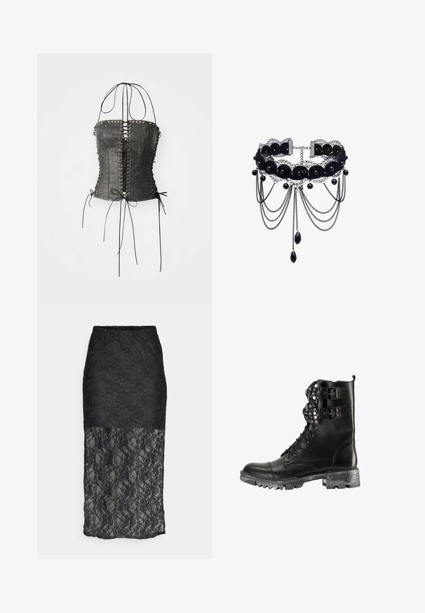 Jaded London LONGLINE LACE UP HALTER CORSET - Top - black; Pieces PCNACY LACE ANKLE SKIRT - Fustă tip creion - black; Boots de luptă din piele neagră, cu două catarame laterale, cu nituri decorative pe partea superioară, talpă robustă cu tracțiune și sistem de șiret.; Colier choker din dantelă neagră cu trandafiri din material textil, mărgele rotunde și lanțuri atârnătoare care se termină în mărgele negre în formă de lacrimă.