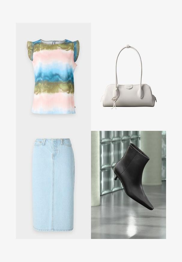 Top à manches courtes avec un motif tie-dye multicolore en vagues, dans des tons de rose, bleu et vert. Tissu léger avec des accents volants aux épaules.; Jupe crayon en denim bleu clair avec taille haute, design à cinq poches et détails de couture subtils le long des coutures.; Bottine en cuir noir avec bout pointu et petit talon, présentée devant un mur en blocs de verre et un sol poli.; Sac à bandoulière blanc Calvin Klein avec longues poignées, forme rectangulaire, fermeture éclair et charm logo décoratif suspendu près de la poignée.