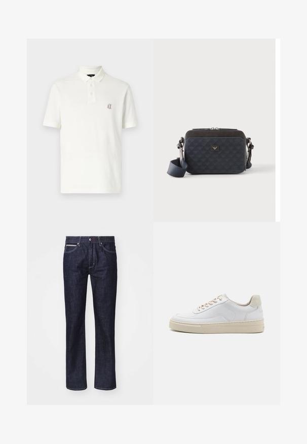 Witte polo met katoen, voorzien van een kraag met twee knopen, korte mouwen en een klein geborduurd logo in bruin op de linkerborst.; Donkerblauwe denim jeans met een rechte snit, subtiele contrasterende stiksels, vijf zakken en een knoopsluiting bij de taille.; Witte sneaker met een gevoerd leren bovenwerk, beige veters en een gestructureerde beige suede hieltab. Verhoogde zool voor extra hoogte.; Rechthoekige donkerblauwe crossbodytas met verstelbare riem, ritssluiting en subtiel logopatroon op het voorpaneel.