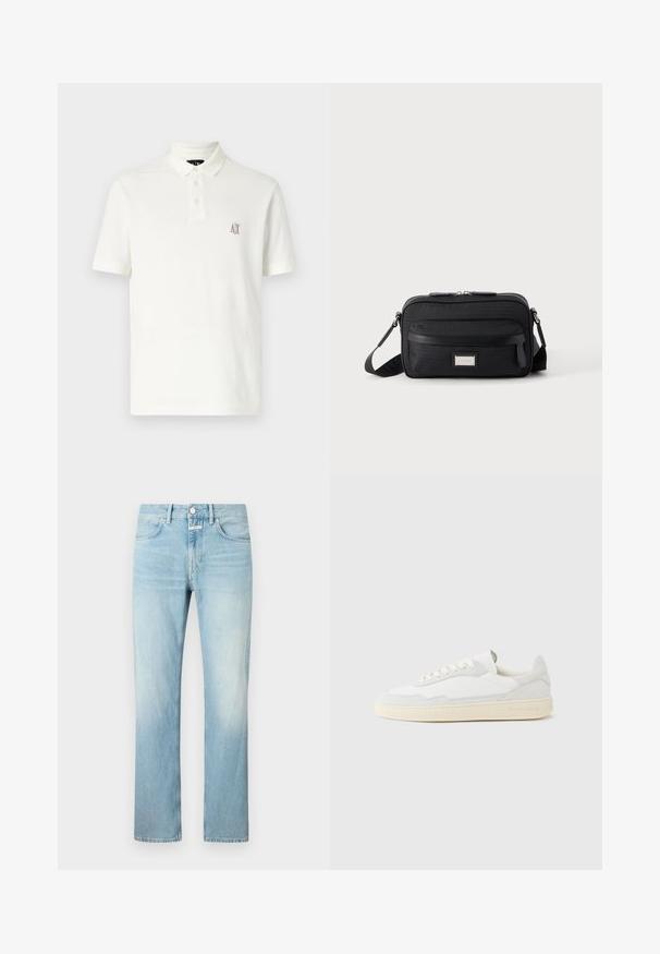 T-shirt polo blanc en coton, avec un col à deux boutons, des manches courtes et un petit logo brodé marron sur la poitrine gauche.; Jean en denim bleu clair avec une coupe droite, doté d'un design classique à cinq poches et d'une fermeture à bouton.; Baskets blanches avec dessus en daim et cuir texturé. Caractérisées par un bout arrondi, une fermeture à lacets et une semelle en caoutchouc beige contrastante.; Sac bandoulière rectangulaire noir avec poche avant zippée, sangle réglable et plaque logo rectangulaire argentée sur fond uni.