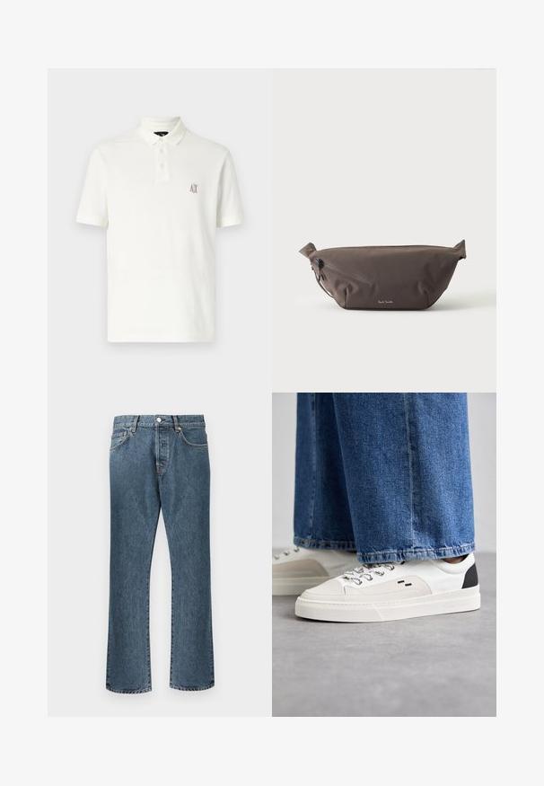 Weißes Poloshirt aus Baumwolle, mit einem Kragen mit zwei Knöpfen, kurzen Ärmeln und einem kleinen, braunen, gestickten Logo auf der linken Brust.; Blaue Denim-Jeans mit geradem Bein, ausgestattet mit einem klassischen Knopf- und Reißverschluss, fünf Taschen und dezenten Ausbleichungen.; Weiße und schwarze Sneaker mit einem Obermaterial aus glattem Leder, strukturierten Akzenten und einer massiven weißen Sohle. Verfügt über ein klassisches Schnürdesign.; Dunkelbraune Stoff-Gürteltasche mit diagonalem Reißverschlussfach und kleinem weißen Logo vorne, vor einem einfarbigen hellen Hintergrund.