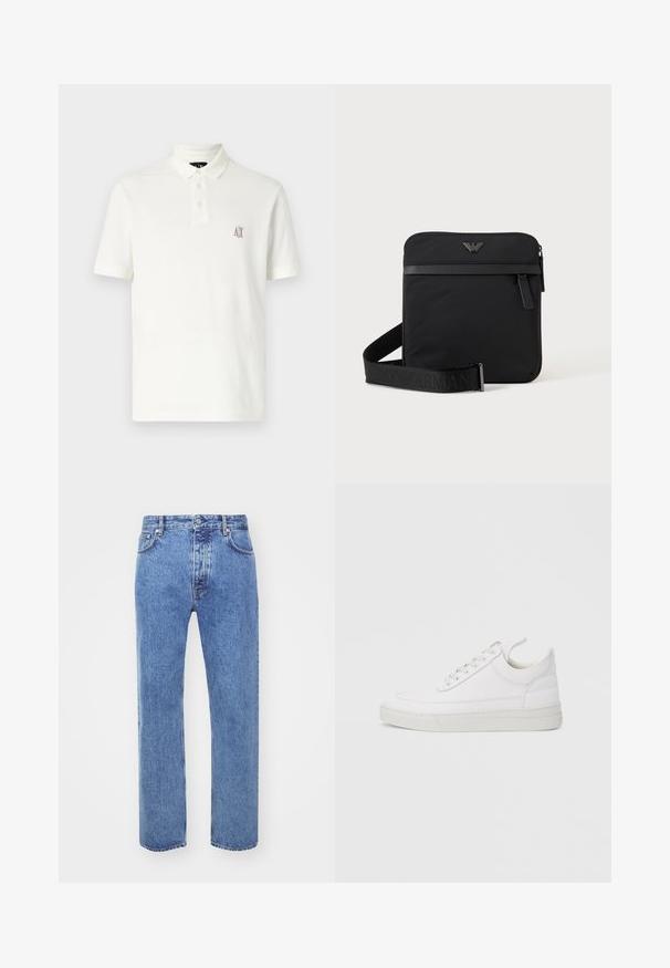 Witte polo met katoen, voorzien van een kraag met twee knopen, korte mouwen en een klein geborduurd logo in bruin op de linkerborst.; Won Hundred STEVE - Relaxed fit jeans - cut blue; Witte leren sneaker met een afgeronde neus, platte zool en veters aan de voorkant. Voorzien van stikseldetails en een gevoerde kraag voor comfort.; Zwarte vierkante schoudertas met ritssluiting, voorvak en verstelbare band met geperste merknaam.