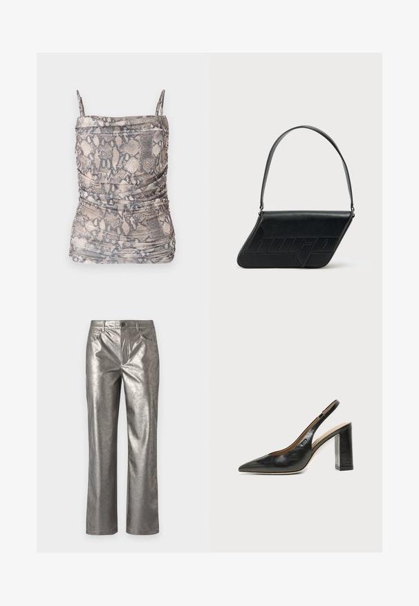 Haut à imprimé serpent brun et gris avec des fines bretelles, présentant des détails froncés et un tissu doux et texturé.; Pantalons argent métallisé avec une coupe droite, cinq poches et une fermeture à bouton. Texture lisse avec un léger éclat et un design minimaliste.; Chaussure slingback en cuir noir à bout pointu avec un talon bloc haut et une doublure intérieure beige sur un fond clair uni.; Sac d'épaule en cuir noir de forme triangulaire, avec un logo embossé et une seule bandoulière réglable. Design minimaliste avec une texture lisse.