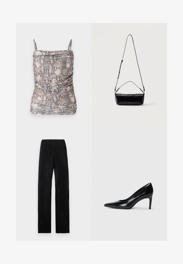 Haut à imprimé serpent brun et gris avec des fines bretelles, présentant des détails froncés et un tissu doux et texturé.; Pantalon noir taille haute à jambes larges avec des plis verticaux subtils, présenté à plat sur un fond gris clair.; Chaussure à talon haut en cuir noir avec un bout pointu, texture lisse et un talon effilé. Design minimaliste, sans embellissements supplémentaires.; Sac bandoulière rectangulaire en cuir noir avec bandoulière ajustable, fermeture éclair sur le dessus et petit logo Calvin Klein doré sur le devant.