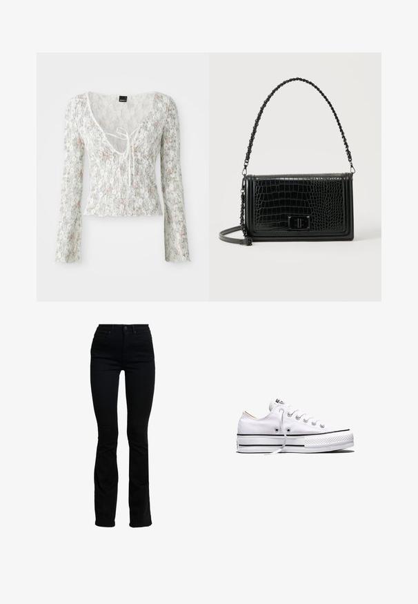Hvid blondebluse med lange ærmer, blomsterprint i lyserød og grøn, V-hals med bindebånd, bølget kant.; Sorte højtaljede skinny jeans med let flared i anklerne, med for- og baglommer samt knaplukning.; Hvid lavtop lærredssneakers med hvide snørebånd, sorte striber på sålen og gummieret tekstureret tåhætte, sidevendt på hvid baggrund.; Sort skuldertaske i læder med krokodillemønster, rektangulær form, stroppen med kædedetalje og frontlukning med drejelås.