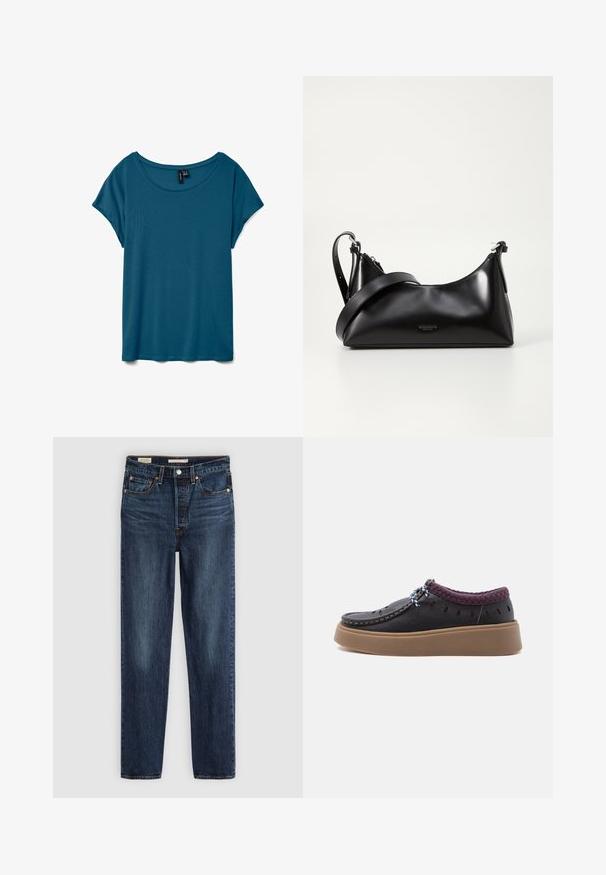 Camiseta de manga corta de color verde azulado con escote redondo, hecha de tela suave, con un corte holgado y una textura lisa.; Vaqueros rectos de color azul oscuro con cinco bolsillos, cierre de botón y cremallera, y costuras en contraste.; Zapato negro sin cordones con suela marrón, cuello acolchado morado, perforaciones en forma de lágrima y detalle de cordones a rayas sobre fondo liso.; Bolso de mano de cuero negro con una textura suave. Cuenta con una correa ajustable y un diseño elegante y minimalista con cierre de cremallera.