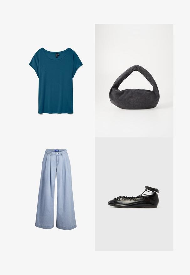 T-shirt teal à manches courtes avec un col rond, fabriqué en tissu doux, offrant une coupe décontractée et une texture lisse.; Pantalon en denim bleu clair à jambes larges avec plis à l'avant, fermeture par boutons et étiquette JJXX sur la ceinture intérieure.; Ballerines en cuir verni noir avec un bout rond, un design à lacets et une semelle plate. Texture lisse avec peu de détails.; Sac en tissu gris foncé avec une anse courbée, texture douce et forme arrondie. Pas de matériel ou d'embellissements visibles.