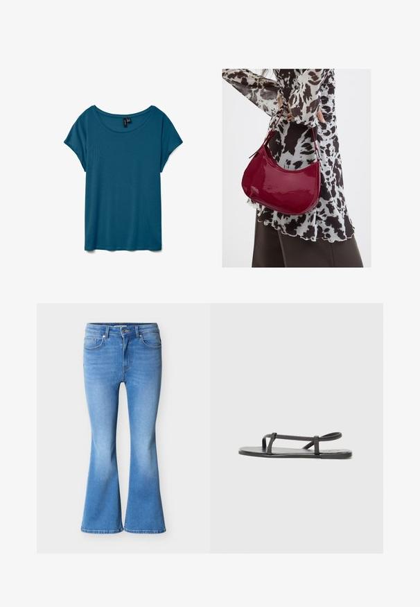 Camiseta de manga corta de color verde azulado con escote redondo, hecha de tela suave, con un corte holgado y una textura lisa.; Jeans acampanados azul claro hechos de denim, con cintura de talle medio, bolsillos delanteros y un acabado desteñido hacia el dobladillo.; Sandalias planas negras con tiras delgadas y texturizadas en un diseño minimalista. La suela es lisa y la forma general es elegante y sobria.; Mujer con blusa de estampado en blanco y negro sosteniendo un bolso de hombro rojo brillante sobre un fondo liso.