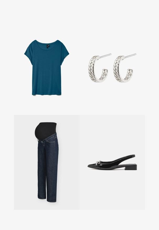 Teal t-shirt met korte mouwen en een ronde halslijn, gemaakt van zachte stof, met een ontspannen pasvorm en een gladde textuur.; Zwangerschapsjeans met een zwarte, rekbare tailleband, donkerblauwe denimstof, wijd uitlopende pijpen en klassieke vijfzakkenstijl.; Zwarte slingback schoen van lakleer met een spits toelopende neus, lage blokhak en zilverkleurige hardware aan de voorkant.; Zilveren oorringen met een gevlochten patroon, voorzien van een gestructureerd oppervlak, een sluiting met een pin, een gebogen ontwerp en een gepolijste afwerking.