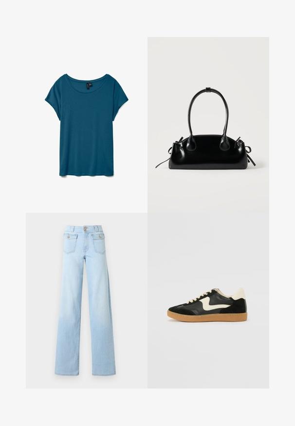 T-shirt teal à manches courtes avec un col rond, fabriqué en tissu doux, offrant une coupe décontractée et une texture lisse.; Jean large taille haute bleu clair avec poches à rabat à l'avant sécurisées par des boutons et fermeture à double bouton à la taille.; Baskets en daim et cuir noir avec un swoosh latéral crème et un talon crème clair. Dotées de lacets beige et d'une semelle en caoutchouc gomme.; Petit sac à main noir brillant avec deux longues anses et des détails à cordon sur les côtés sur un fond clair uni.