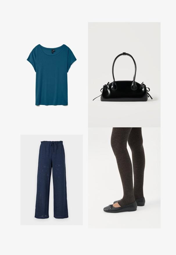 T-shirt teal à manches courtes avec un col rond, fabriqué en tissu doux, offrant une coupe décontractée et une texture lisse.; Pantalon bleu marine à jambes larges avec ceinture élastique et cordon, orné d'une broderie florale ajourée sur tout le tissu.; Jambes portant des leggings côtelés foncés associés à des ballerines noires avec de petits détails en nœud sur fond blanc.; Petit sac à main noir brillant avec deux longues anses et des détails à cordon sur les côtés sur un fond clair uni.