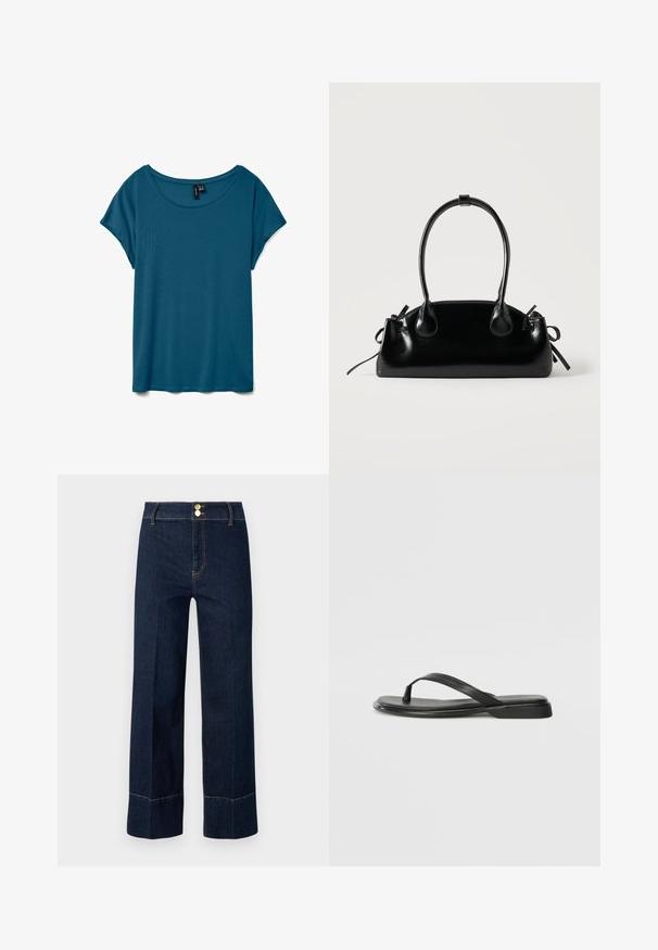 Camiseta de manga corta de color verde azulado con escote redondo, hecha de tela suave, con un corte holgado y una textura lisa.; Jeans de tiro alto y pierna ancha en azul oscuro con dobles botones dorados y costuras naranjas visibles sobre un fondo claro.; Chancla negra de piel suave, con un diseño de tira delgada y una suela plana de perfil mínimo. Sin patrones ni acentos notables.; Pequeño bolso negro brillante con dos asas largas y detalles de cordón lateral sobre un fondo claro liso.