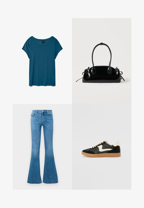Teal t-shirt met korte mouwen en een ronde halslijn, gemaakt van zachte stof, met een ontspannen pasvorm en een gladde textuur.; Blauwe spijkerbroeken met uitlopende pijpen en een mid-rise taille, voorzien van vijf zakken, een standaard knoopsluiting en een lichte vervaging voor textuur.; Zwarte suède en leren sneaker met een crèmekleurige zij-swoosh en lichte crèmekleurige hiel. Voorzien van beige veters en een gumrubberen zool.; Kleine zwarte glanzende handtas met twee lange hengsels en zijkant trekkoord details op een effen lichte achtergrond.