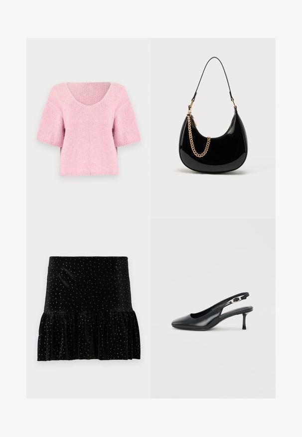 Pull côtelé rose pâle à manches courtes avec un large col en V et une coupe ample, légèrement carrée.; Jupe en velours noir avec un ourlet froncé, ornée de pois argentés. Présente une taille ajustée et une texture douce.; Chaussure slingback noire en cuir à bout pointu avec un petit talon aiguille bas et une bride réglable à boucle sur un fond clair uni.; Sac à main en cuir verni noir avec une forme courbée, une fine bandoulière et un accent chaîne dorée sur le devant. Texture lisse, design minimaliste.