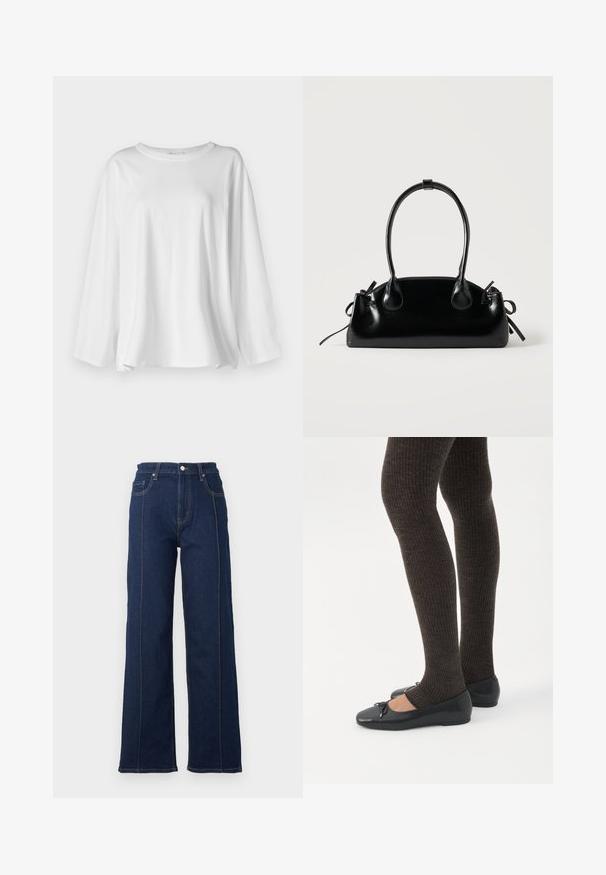 Camisa blanca de manga larga hecha de algodón suave, con un escote redondo, corte holgado y aberturas laterales para mayor comodidad en el movimiento.; Jeans de mezclilla de corte ancho en color azul oscuro con costuras prominentes, tiro alto y cinco bolsillos. Presenta un cierre frontal con botón y cremallera.; Piernas con leggings oscuros acanalados combinados con bailarinas negras que presentan pequeños detalles de lazo sobre un fondo blanco.; Pequeño bolso negro brillante con dos asas largas y detalles de cordón lateral sobre un fondo claro liso.
