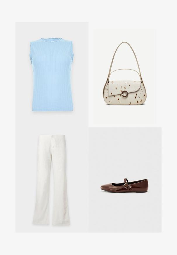 Haut tricoté sans manches bleu clair avec un motif vertical subtil et un petit volant sur l'encolure et les emmanchures.; Pantalon blanc droit avec une taille haute et une fermeture à boutons sur le devant, présenté sur un fond uni.; Ballerine en cuir verni marron avec un bout carré et une lanière ornée d'une petite boucle dorée. Texture lisse, talon bas et design minimaliste.; Sac à main couleur crème avec des taches marron, rabat incurvé avec une fermeture métallique circulaire, doté de deux fines anses, dont une plus longue pour porter à l'épaule.