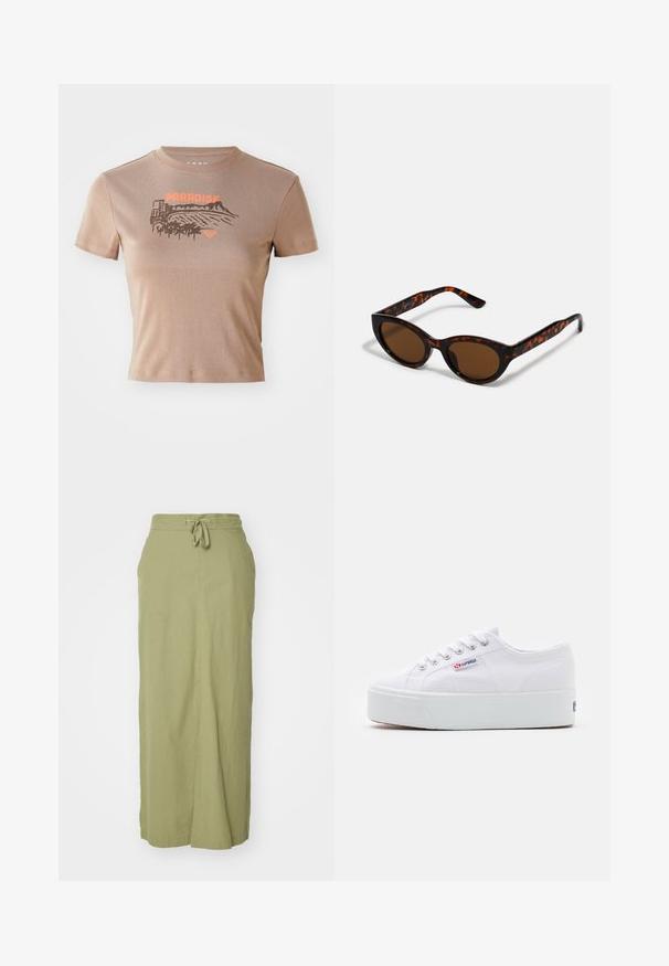 Braunes Baumwoll-T-Shirt, kurze Ärmel, Rundhals. Auf der Vorderseite ist ein "PARADISE"-Grafik in Orange mit Landschafts- und Palmen-Design.; Olivgrüßer Leinen-Maxikleid mit Kordelzugbund, geradem Schnitt, seitlichen Taschen und glatter Textur.; Weiße Leinenschuhe mit einer dicken weißen Plattformsohle, runder Zehenpartie und Metallösen für die Schnürsenkel. Markenlogo an der Seite angebracht.; Braune Schildpatt-Sonnenbrille mit einer Vintage-Cat-Eye-Form und braunen Gläsern. Verfügt über gebogene Bügel mit roten Akzenten.